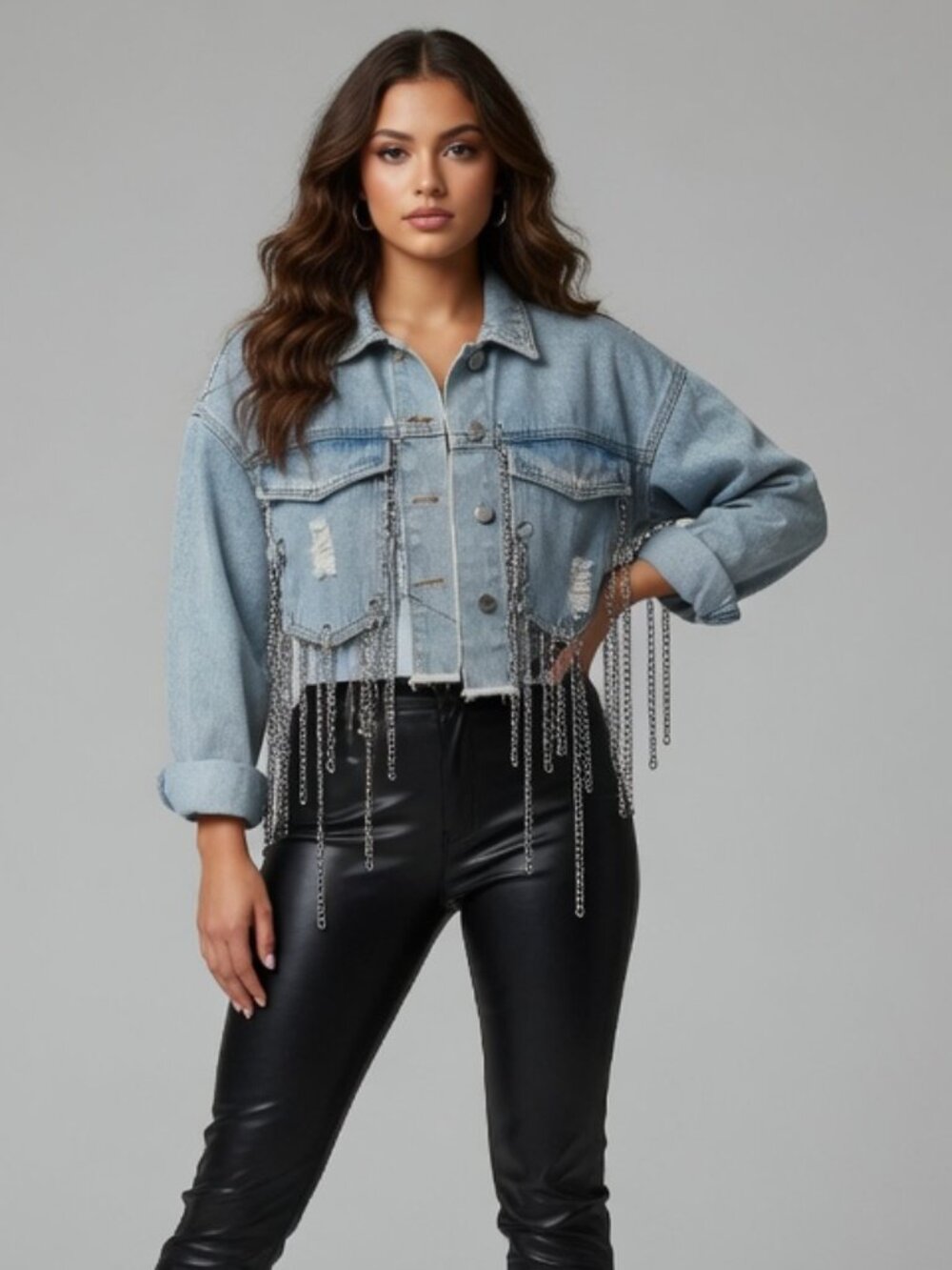 Dream Architect, Light Wash Distressed Denim Jacket with Silver Chain Fringe